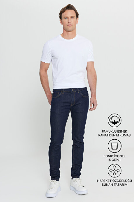 Ekstra Slim Fit Dar Kesim Pamuklu Rıss Jean Kot Koyu Lacivert Denim Pantolon resmi