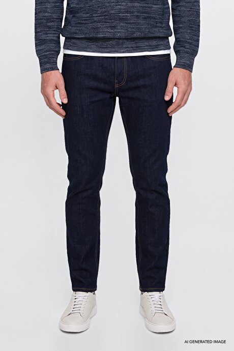 Slim Fit Dar Kesim Pamuklu 5 Cepli Esnek Jean Kot Denim Koyu Lacivert Denim Pantolon resmi