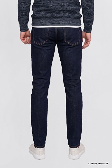 Slim Fit Dar Kesim Pamuklu 5 Cepli Esnek Jean Kot Denim Koyu Lacivert Denim Pantolon resmi