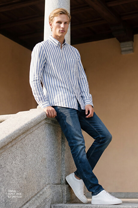 Slim Fit Dar Kesim Pamuklu 5 Cepli Esnek Jean Kot Denim Lacivert Denim Pantolon resmi