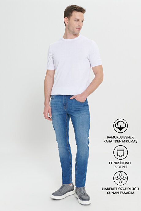 Slim Fit Dar Kesim Pamuklu 5 Cepli Esnek Jean Kot Denim Lacivert Denim Pantolon resmi