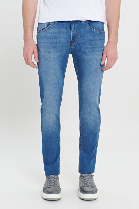 Slim Fit Dar Kesim Pamuklu 5 Cepli Esnek Jean Kot Denim Lacivert Denim Pantolon resmi