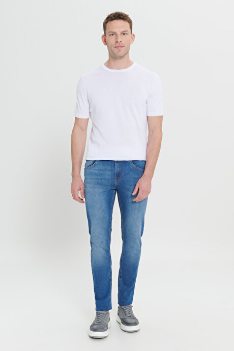 Slim Fit Dar Kesim Pamuklu 5 Cepli Esnek Jean Kot Denim Lacivert Denim Pantolon resmi