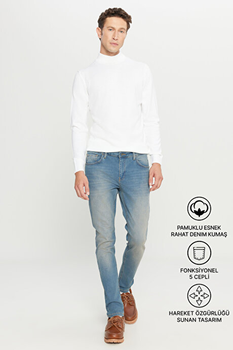 Slim Fit Dar Kesim Pamuklu 5 Cepli Esnek Jean Kot Denim Petrol Mavisi Denim Pantolon resmi