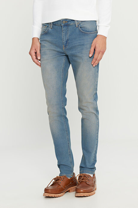 Slim Fit Dar Kesim Pamuklu 5 Cepli Esnek Jean Kot Denim Petrol Mavisi Denim Pantolon resmi