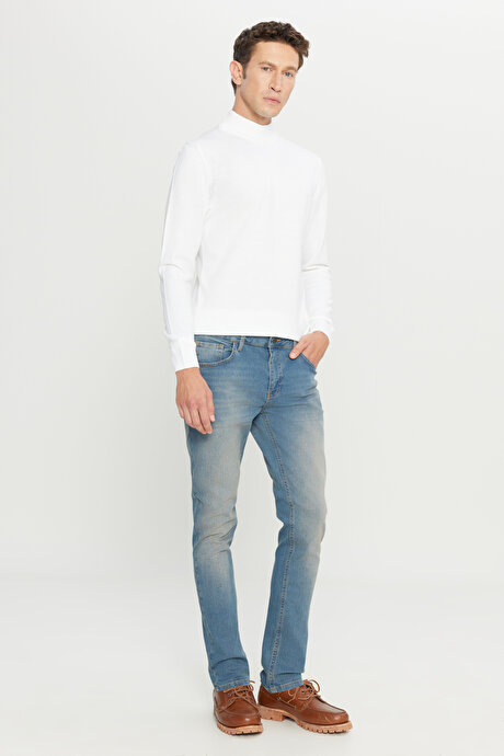Slim Fit Dar Kesim Pamuklu 5 Cepli Esnek Jean Kot Denim Petrol Mavisi Denim Pantolon resmi
