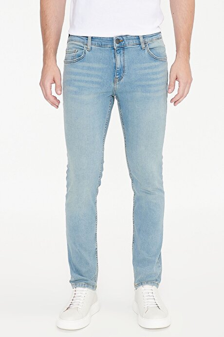 Slim Fit Dar Kesim Pamuklu 5 Cepli Esnek Jean Kot Denim Petrol Mavisi Denim Pantolon resmi