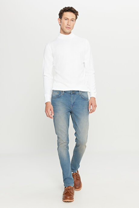 Slim Fit Dar Kesim Pamuklu 5 Cepli Esnek Jean Kot Denim Petrol Mavisi Denim Pantolon resmi