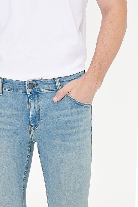 Slim Fit Dar Kesim Pamuklu 5 Cepli Esnek Jean Kot Denim Petrol Mavisi Denim Pantolon resmi