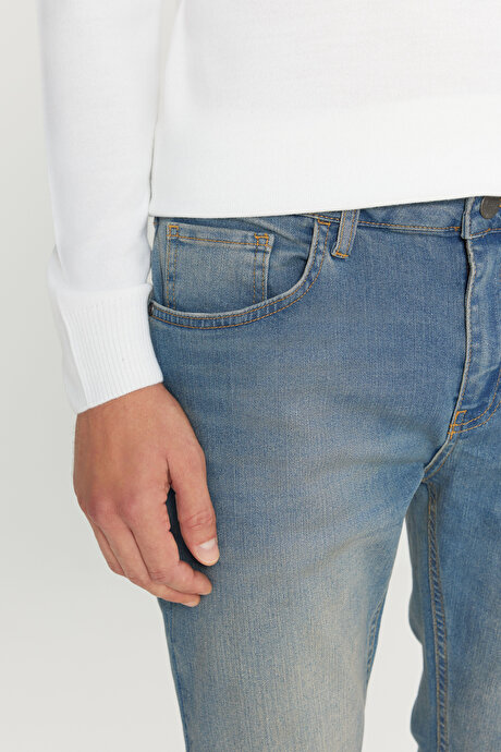 Slim Fit Dar Kesim Pamuklu 5 Cepli Esnek Jean Kot Denim Petrol Mavisi Denim Pantolon resmi