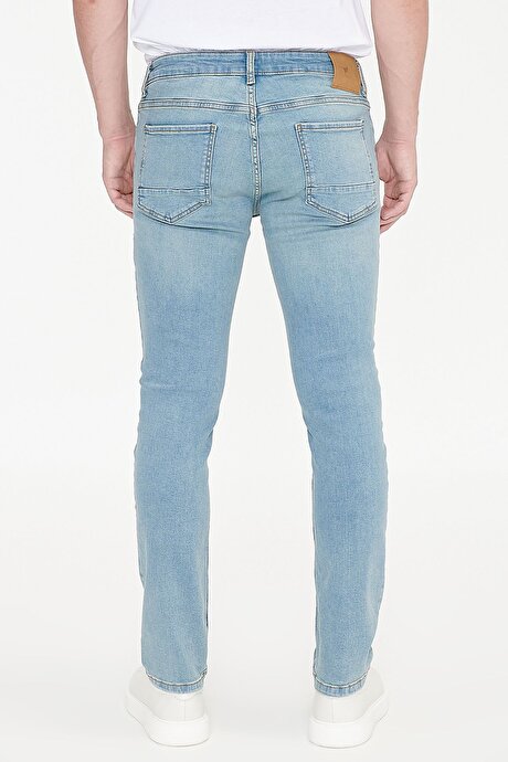 Slim Fit Dar Kesim Pamuklu 5 Cepli Esnek Jean Kot Denim Petrol Mavisi Denim Pantolon resmi