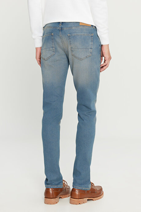 Slim Fit Dar Kesim Pamuklu 5 Cepli Esnek Jean Kot Denim Petrol Mavisi Denim Pantolon resmi