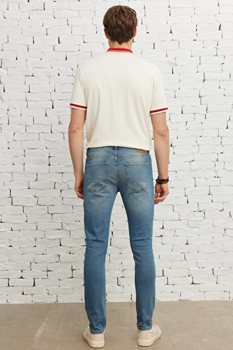 Ekstra Slim Fit Dar Kesim Pamuklu Rıss Jean Kot Petrol Mavisi Denim Pantolon resmi