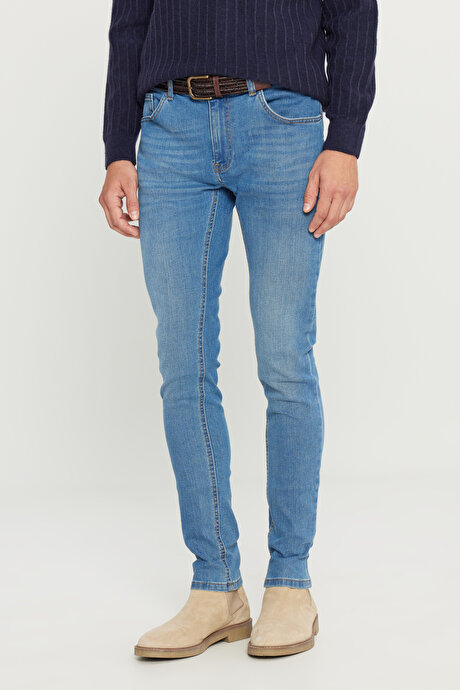 Ekstra Slim Fit Dar Kesim Pamuklu Rıss Jean Kot Mavi Denim Pantolon resmi