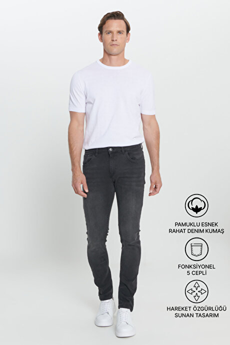 Ekstra Slim Fit Dar Kesim Rıss Pamuklu Esnek Jean Kot Antrasit Denim Pantolon resmi