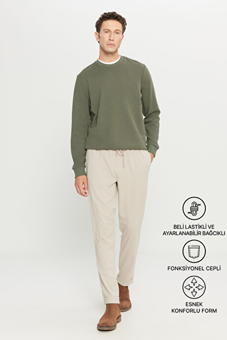 Non-Iron Ütü Gerektirmeyen Diz İzi Yapmayan Beli Bağlamalı Slim Fit Dar Kesim Jogger Bej Pantolon resmi