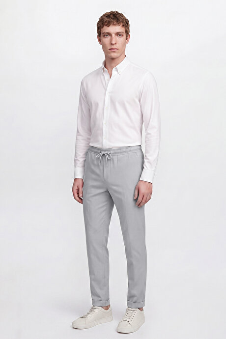 Non-Iron Ütü Gerektirmeyen Diz İzi Yapmayan Beli Bağlamalı Slim Fit Dar Kesim Jogger Gri Pantolon resmi
