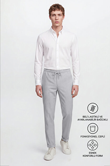 Non-Iron Ütü Gerektirmeyen Diz İzi Yapmayan Beli Bağlamalı Slim Fit Dar Kesim Jogger Gri Pantolon resmi