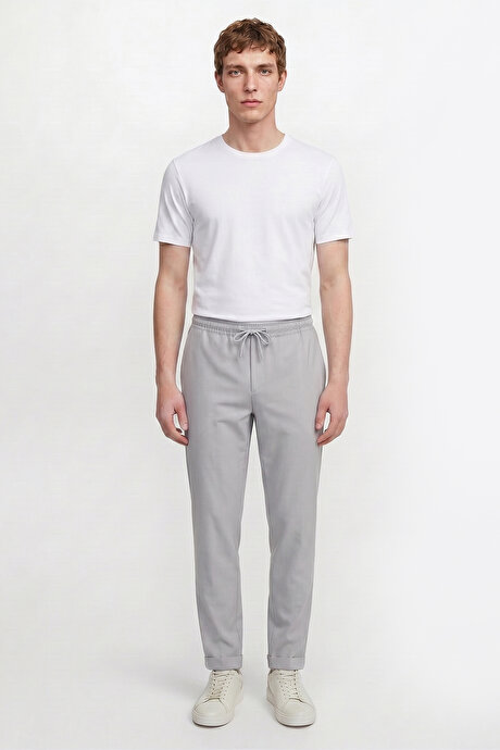 Non-Iron Ütü Gerektirmeyen Diz İzi Yapmayan Beli Bağlamalı Slim Fit Dar Kesim Jogger Gri Pantolon resmi