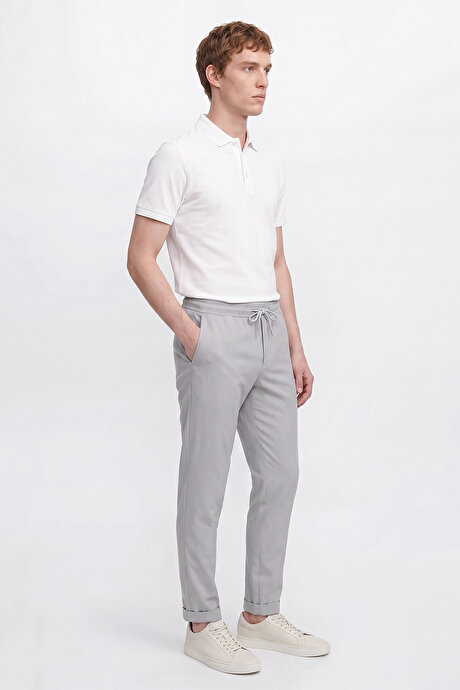 Non-Iron Ütü Gerektirmeyen Diz İzi Yapmayan Beli Bağlamalı Slim Fit Dar Kesim Jogger Gri Pantolon resmi