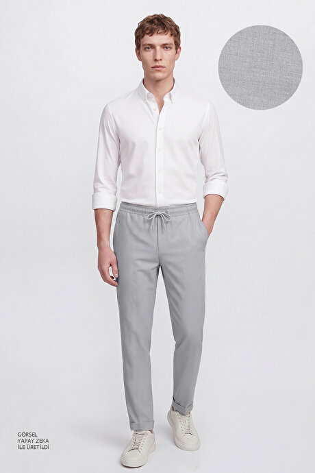 Non-Iron Ütü Gerektirmeyen Diz İzi Yapmayan Beli Bağlamalı Slim Fit Dar Kesim Jogger Gri Pantolon resmi