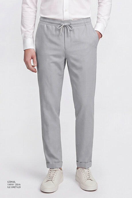 Non-Iron Ütü Gerektirmeyen Diz İzi Yapmayan Beli Bağlamalı Slim Fit Dar Kesim Jogger Gri Pantolon resmi