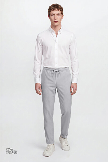 Non-Iron Ütü Gerektirmeyen Diz İzi Yapmayan Beli Bağlamalı Slim Fit Dar Kesim Jogger Gri Pantolon resmi