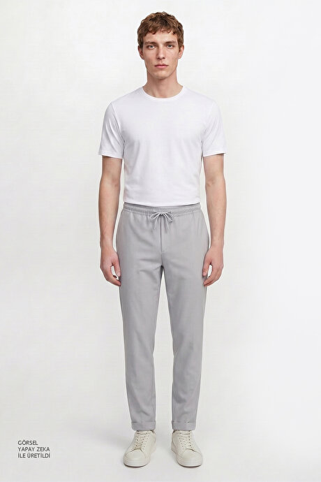 Non-Iron Ütü Gerektirmeyen Diz İzi Yapmayan Beli Bağlamalı Slim Fit Dar Kesim Jogger Gri Pantolon resmi