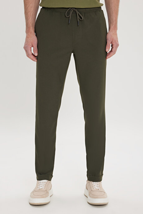 Slim Fit Rahat Kesim Beli Bağlamalı Yan Cepli Esnek Jogger Haki Pantolon resmi