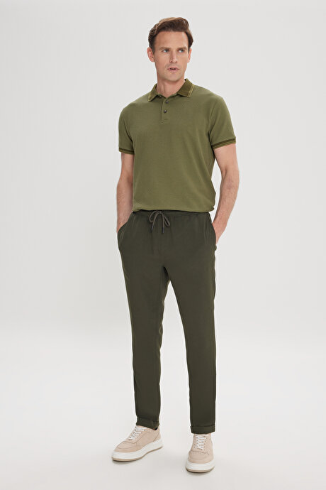 Slim Fit Rahat Kesim Beli Bağlamalı Yan Cepli Esnek Jogger Haki Pantolon resmi