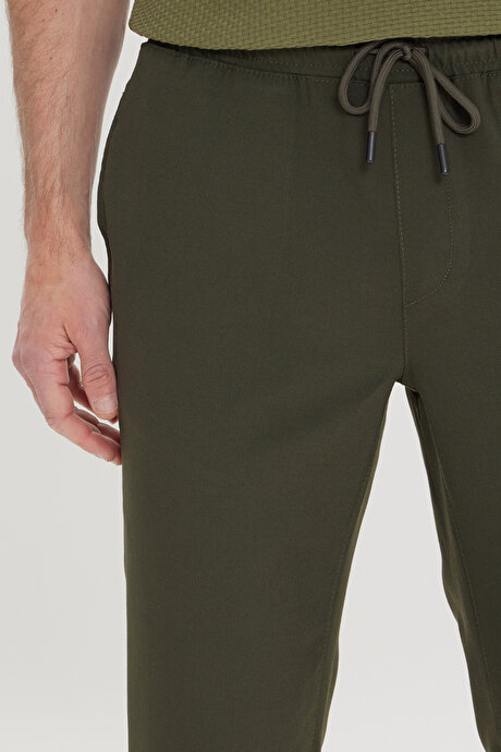 Slim Fit Rahat Kesim Beli Bağlamalı Yan Cepli Esnek Jogger Haki Pantolon resmi