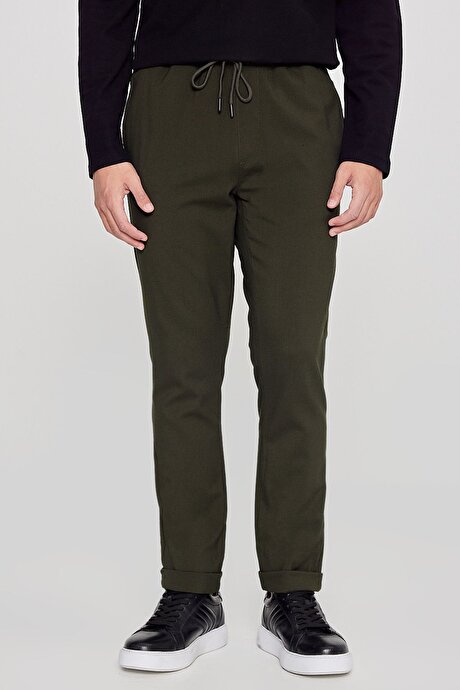 Slim Fit Rahat Kesim Beli Bağlamalı Yan Cepli Esnek Jogger Haki Pantolon resmi