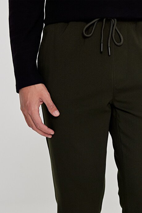 Slim Fit Rahat Kesim Beli Bağlamalı Yan Cepli Esnek Jogger Haki Pantolon resmi