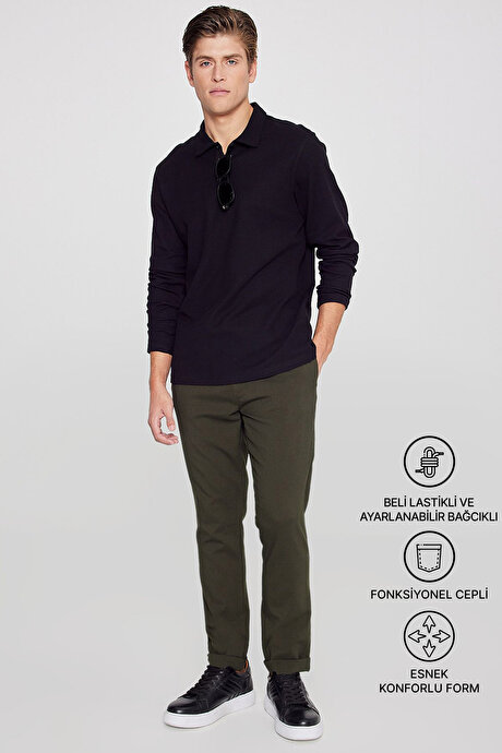 Slim Fit Rahat Kesim Beli Bağlamalı Yan Cepli Esnek Jogger Haki Pantolon resmi