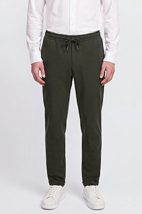 Non-Iron Ütü Gerektirmeyen Diz İzi Yapmayan Beli Bağlamalı Slim Fit Dar Kesim Jogger Haki Pantolon resmi