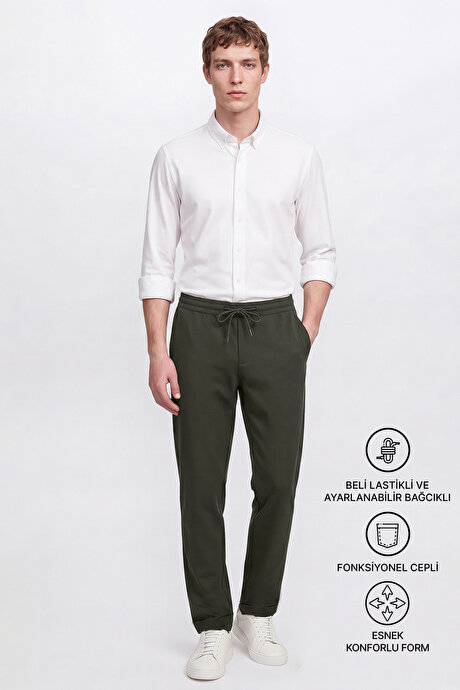 Non-Iron Ütü Gerektirmeyen Diz İzi Yapmayan Beli Bağlamalı Slim Fit Dar Kesim Jogger Haki Pantolon resmi