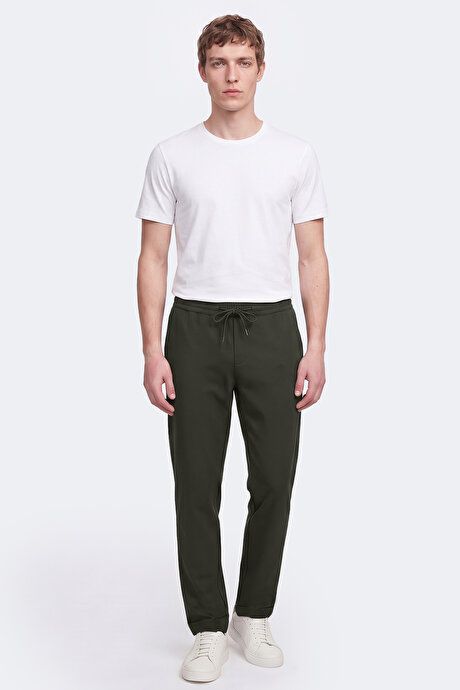 Non-Iron Ütü Gerektirmeyen Diz İzi Yapmayan Beli Bağlamalı Slim Fit Dar Kesim Jogger Haki Pantolon resmi
