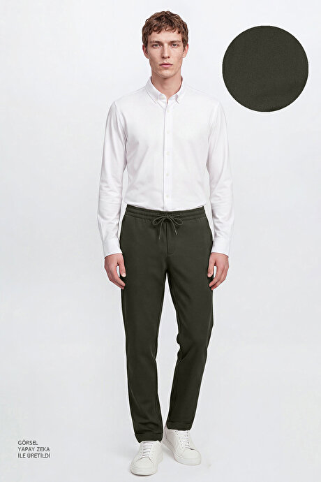 Non-Iron Ütü Gerektirmeyen Diz İzi Yapmayan Beli Bağlamalı Slim Fit Dar Kesim Jogger Haki Pantolon resmi