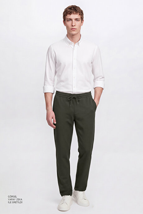 Non-Iron Ütü Gerektirmeyen Diz İzi Yapmayan Beli Bağlamalı Slim Fit Dar Kesim Jogger Haki Pantolon resmi