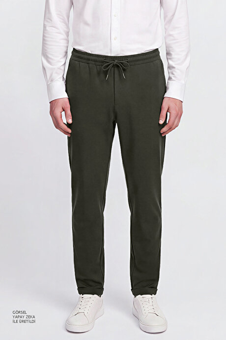 Non-Iron Ütü Gerektirmeyen Diz İzi Yapmayan Beli Bağlamalı Slim Fit Dar Kesim Jogger Haki Pantolon resmi