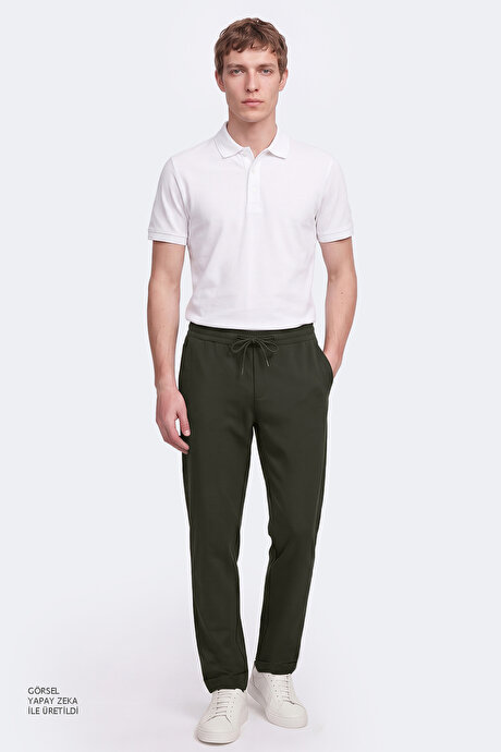Non-Iron Ütü Gerektirmeyen Diz İzi Yapmayan Beli Bağlamalı Slim Fit Dar Kesim Jogger Haki Pantolon resmi