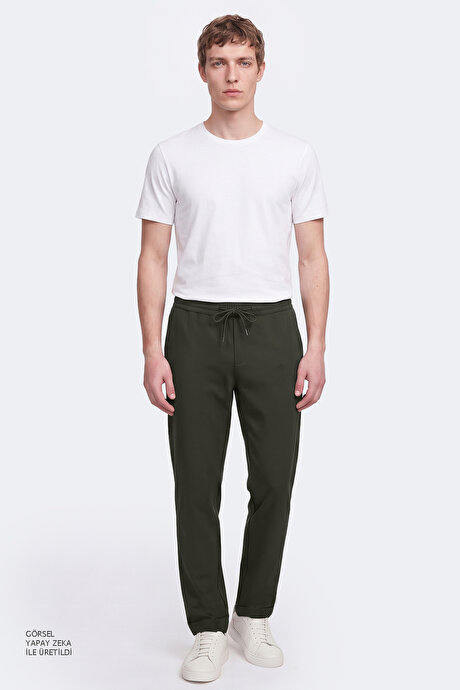 Non-Iron Ütü Gerektirmeyen Diz İzi Yapmayan Beli Bağlamalı Slim Fit Dar Kesim Jogger Haki Pantolon resmi