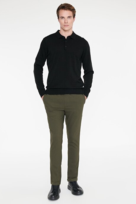 Non-Iron Ütü Gerektirmeyen Diz İzi Yapmayan Beli Bağlamalı Slim Fit Dar Kesim Jogger Haki Pantolon resmi