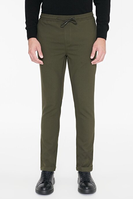 Non-Iron Ütü Gerektirmeyen Diz İzi Yapmayan Beli Bağlamalı Slim Fit Dar Kesim Jogger Haki Pantolon resmi