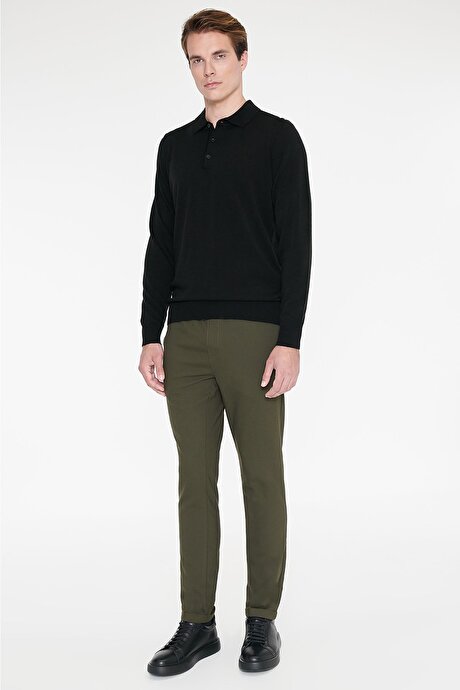 Non-Iron Ütü Gerektirmeyen Diz İzi Yapmayan Beli Bağlamalı Slim Fit Dar Kesim Jogger Haki Pantolon resmi