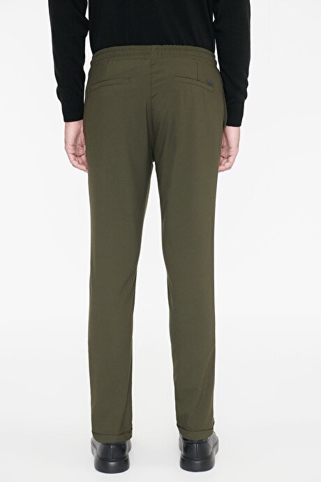Non-Iron Ütü Gerektirmeyen Diz İzi Yapmayan Beli Bağlamalı Slim Fit Dar Kesim Jogger Haki Pantolon resmi