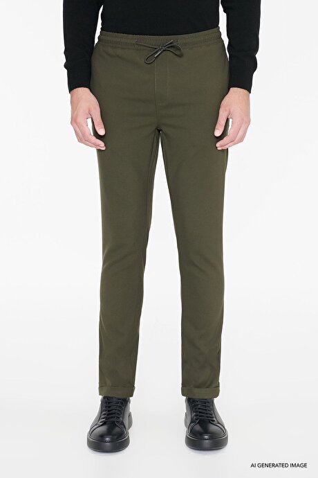 Non-Iron Ütü Gerektirmeyen Diz İzi Yapmayan Beli Bağlamalı Slim Fit Dar Kesim Jogger Haki Pantolon resmi