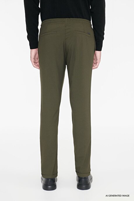 Non-Iron Ütü Gerektirmeyen Diz İzi Yapmayan Beli Bağlamalı Slim Fit Dar Kesim Jogger Haki Pantolon resmi