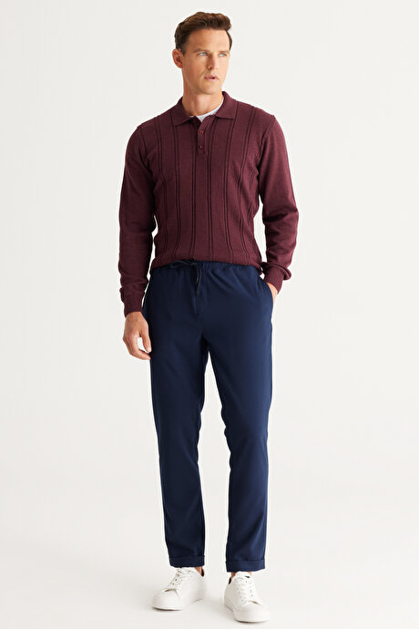 Slim Fit Rahat Kesim Beli Bağlamalı Yan Cepli Esnek Jogger Lacivert Pantolon resmi