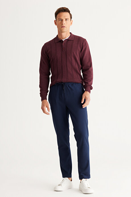 Slim Fit Rahat Kesim Beli Bağlamalı Yan Cepli Esnek Jogger Lacivert Pantolon resmi